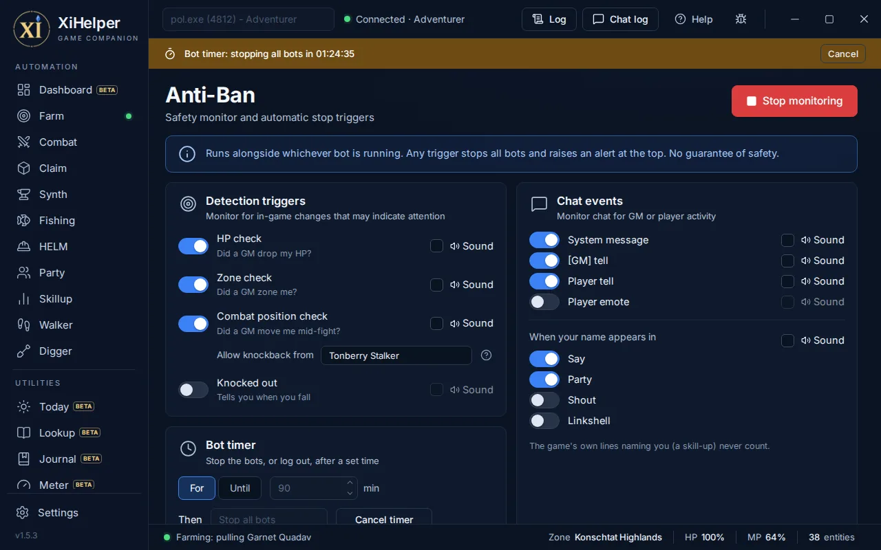 The Anti-Ban tab in XiHelper