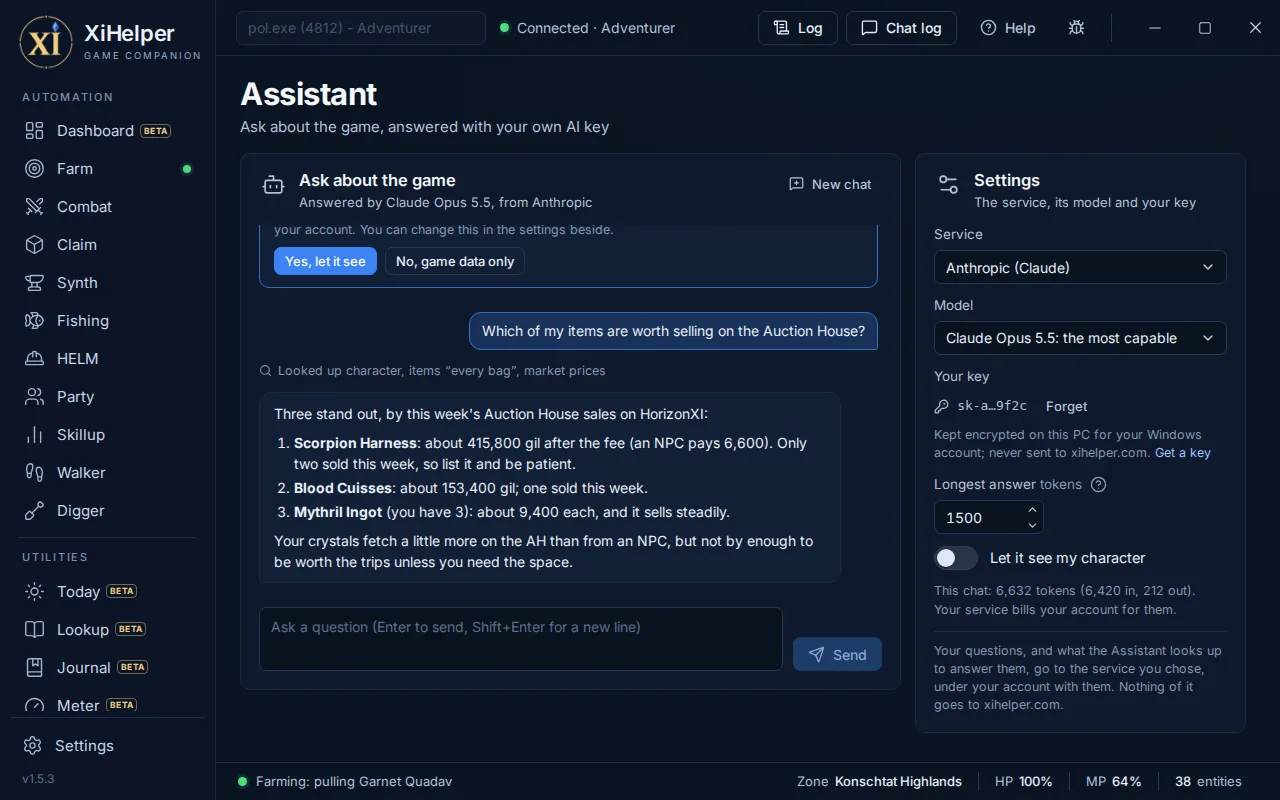 The Assistant page in XiHelper
