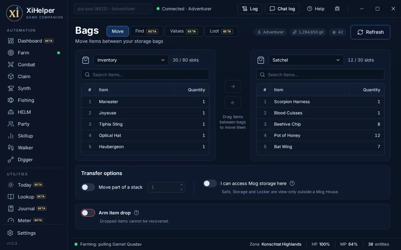 The Bags tab in XiHelper
