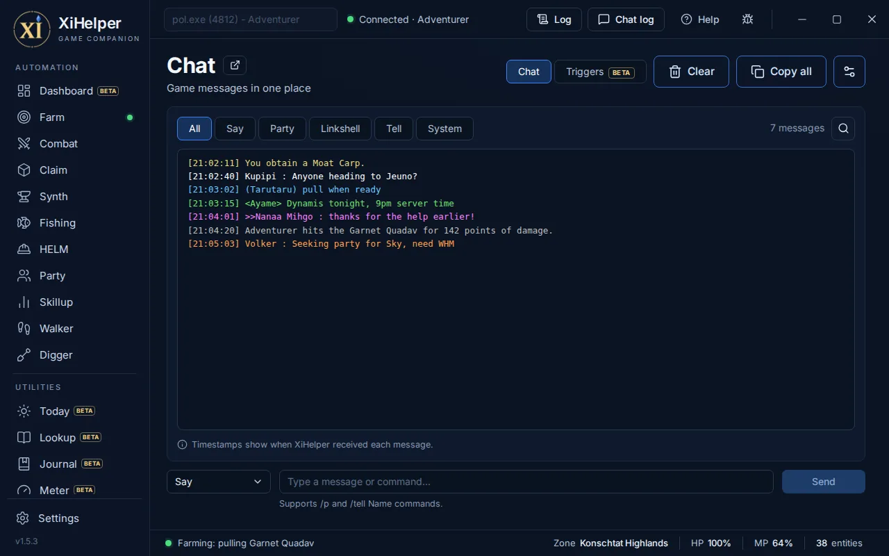The Chat tab in XiHelper