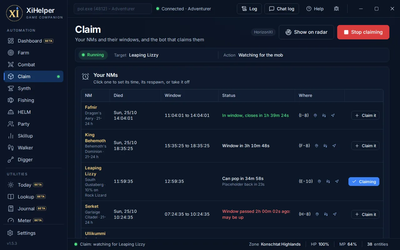 The Claim tab in XiHelper