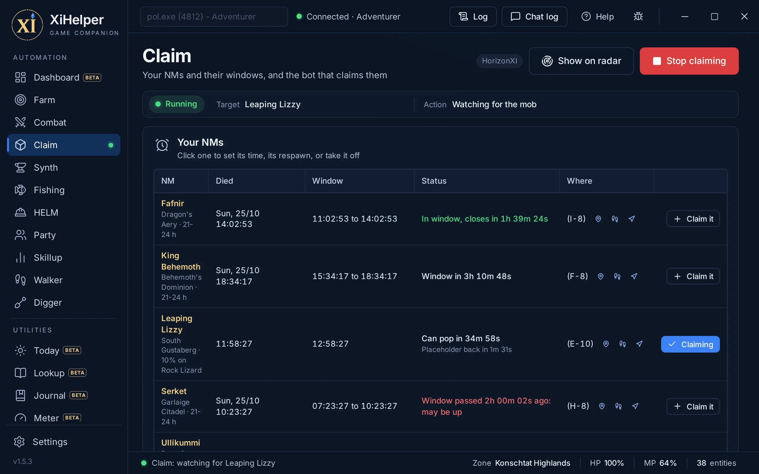 The Claim tab in XiHelper