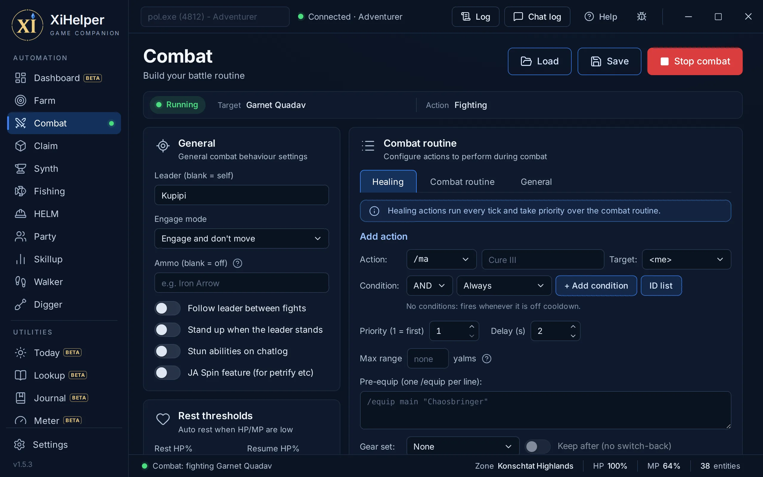 The Combat tab in XiHelper