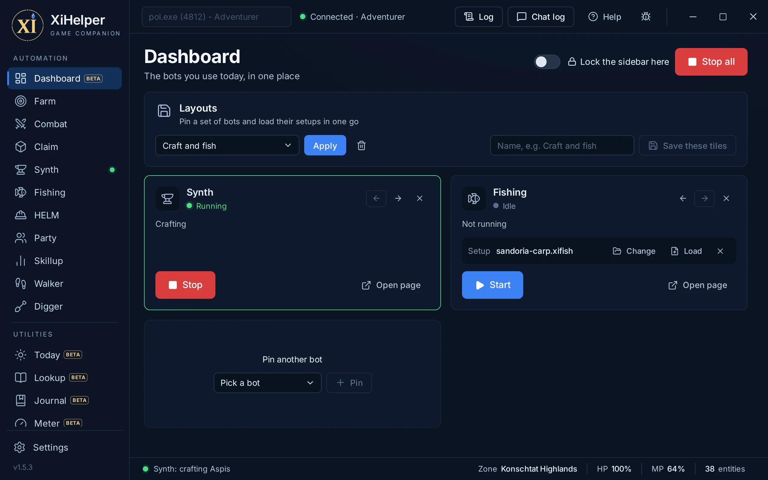 XiHelper's Dashboard: the bots you use today, each with its Start and Stop