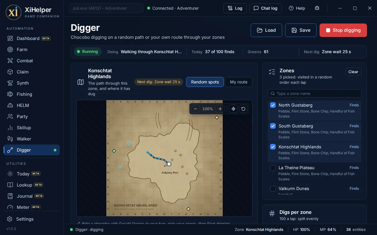 The Digger tab in XiHelper