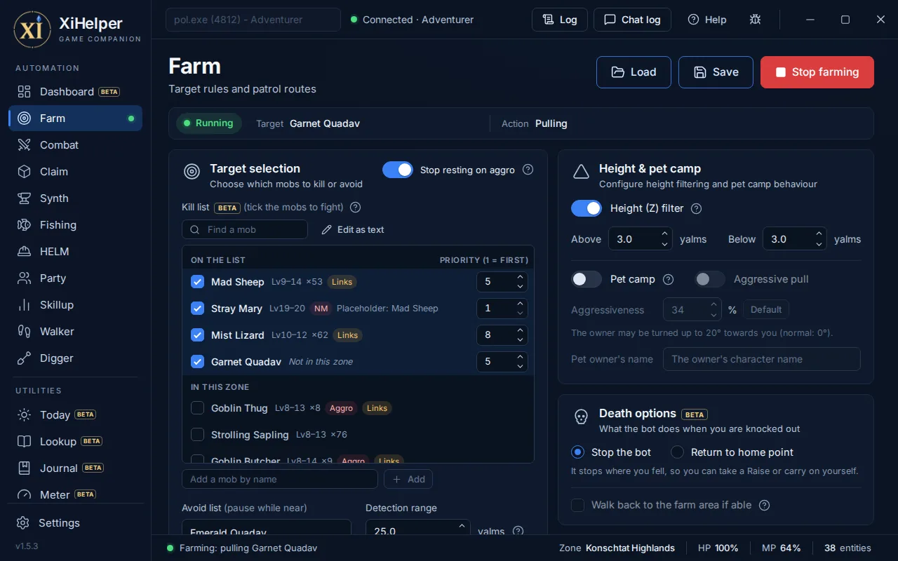 The Farm tab in XiHelper