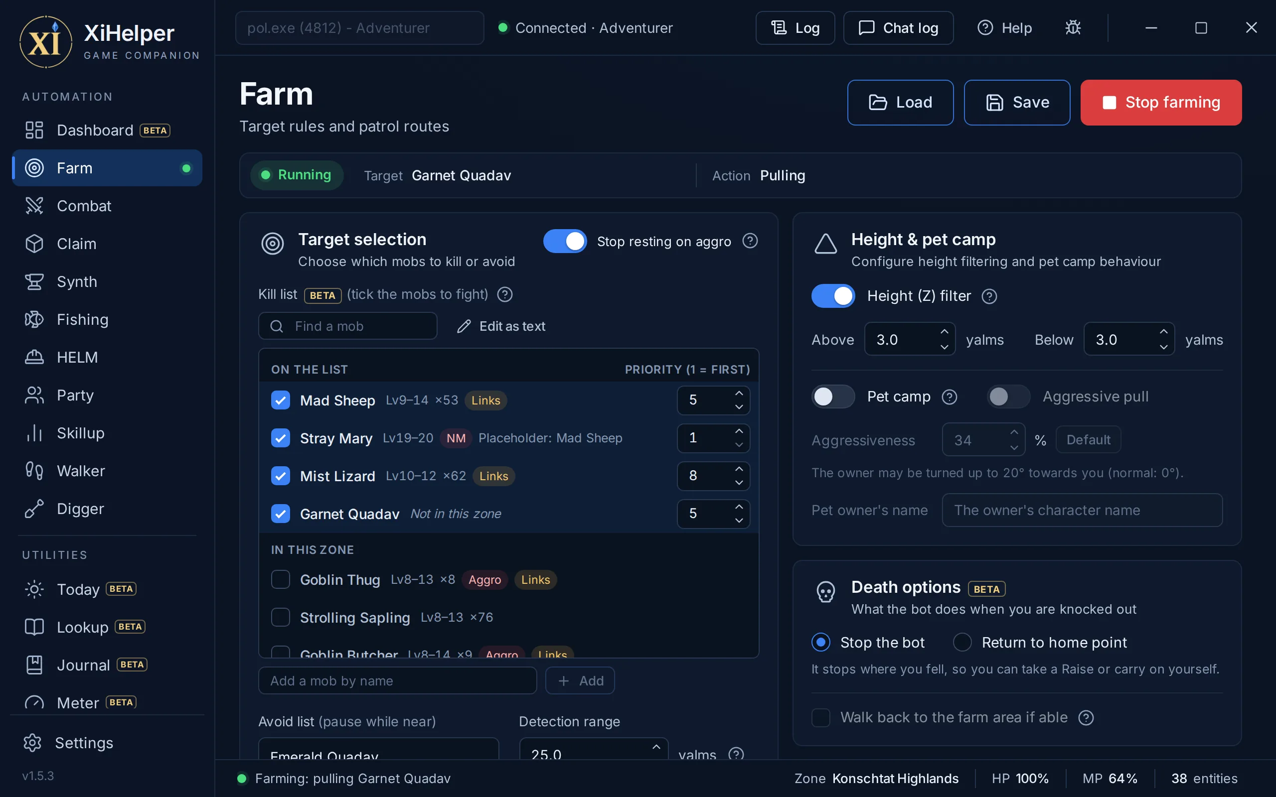 The Farm tab in XiHelper