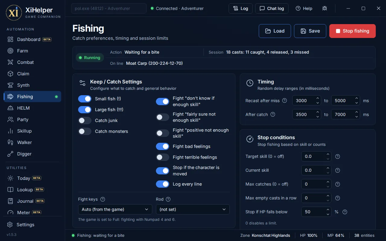 The Fishing tab in XiHelper