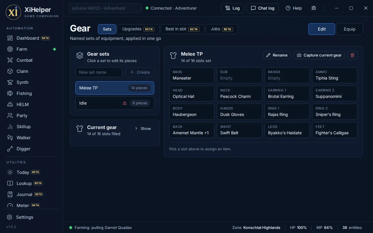 The Gear tab in XiHelper