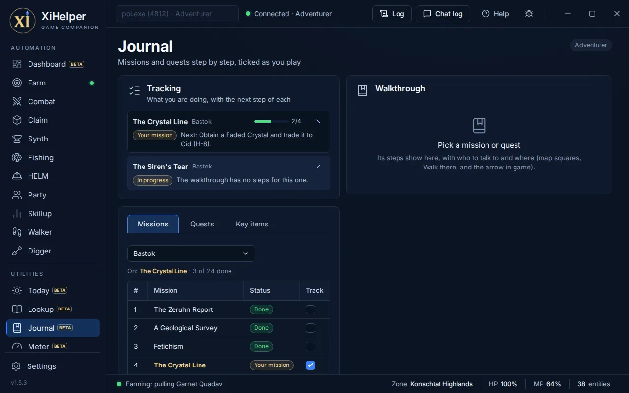 The Journal tab in XiHelper