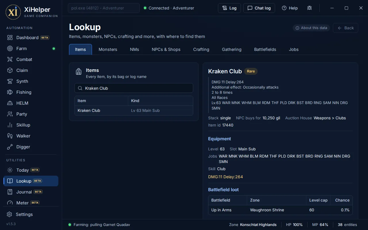 The Lookup page in XiHelper
