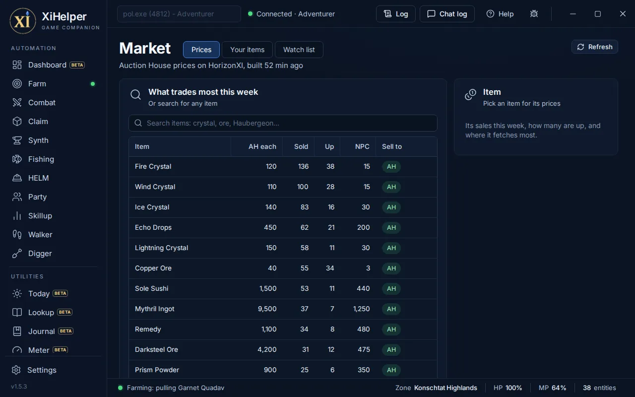 The Market page in XiHelper