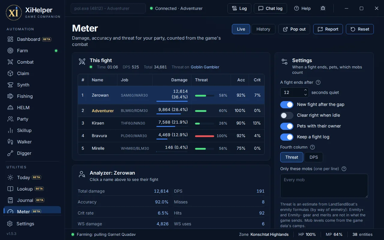 The Meter tab in XiHelper