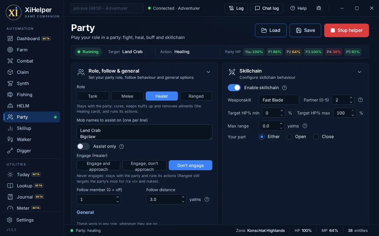 The Party tab in XiHelper