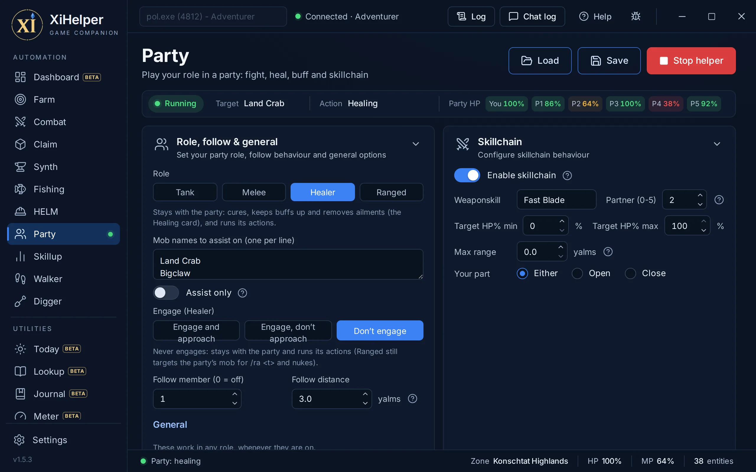 The Party tab in XiHelper
