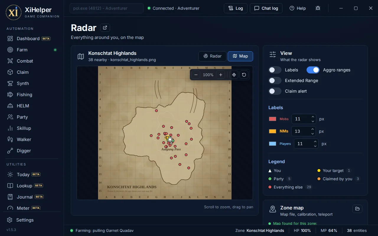 The Radar tab in XiHelper