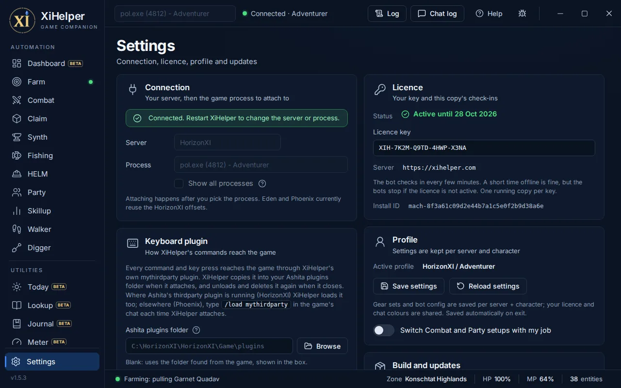 The Settings tab in XiHelper