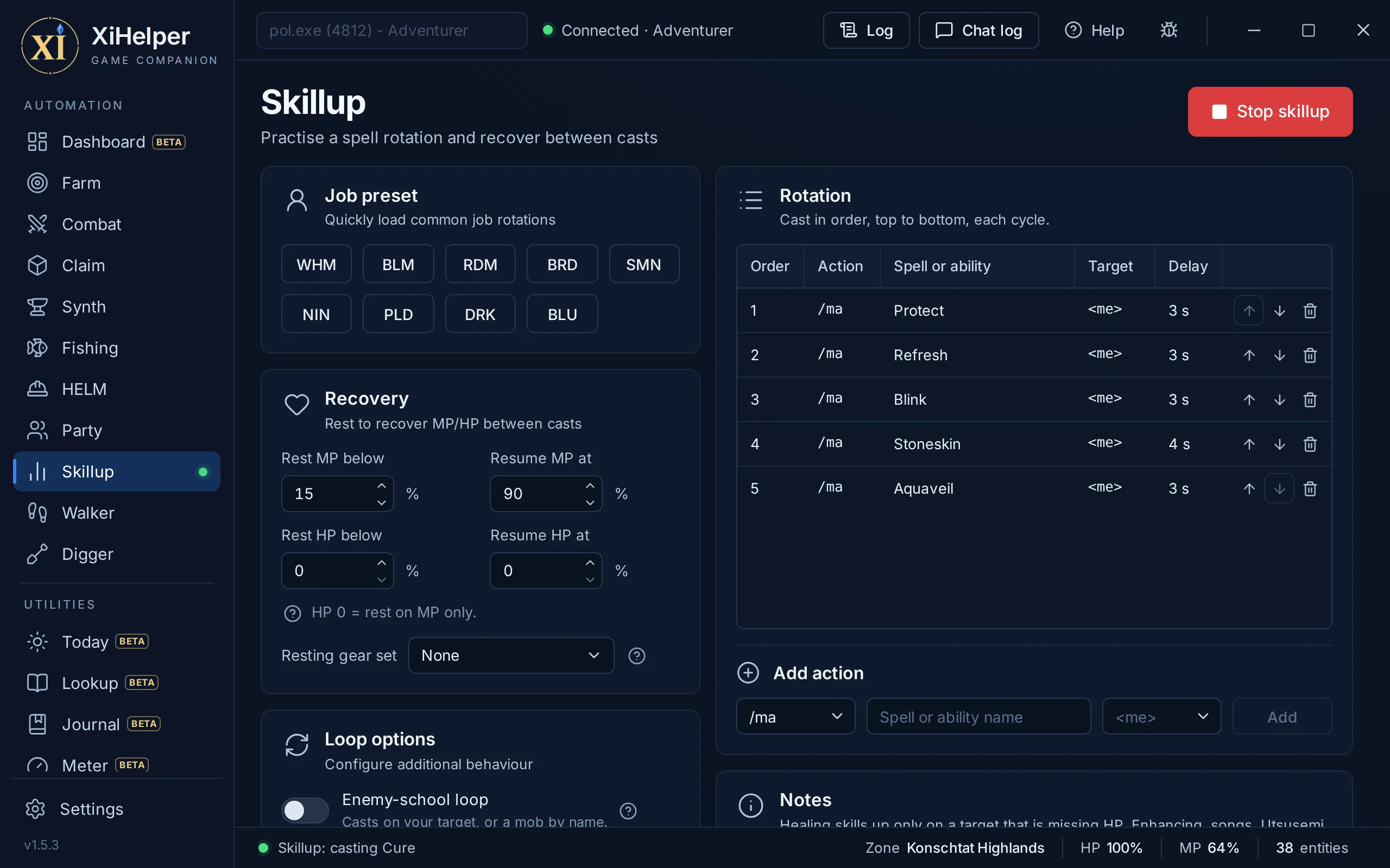 The Skillup tab in XiHelper