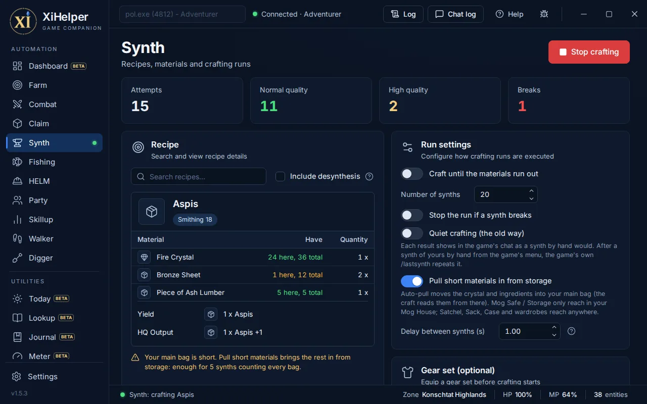 The Synth tab in XiHelper