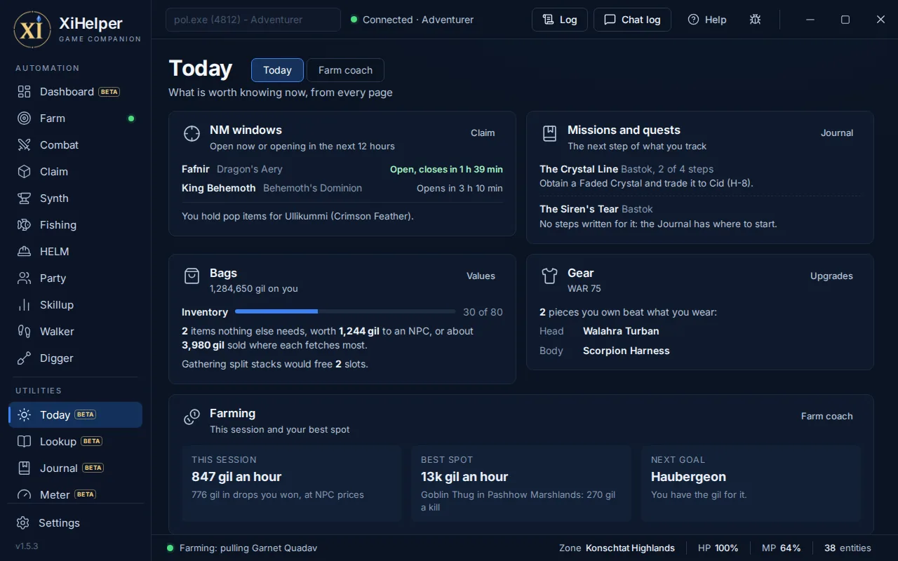 The Today tab in XiHelper