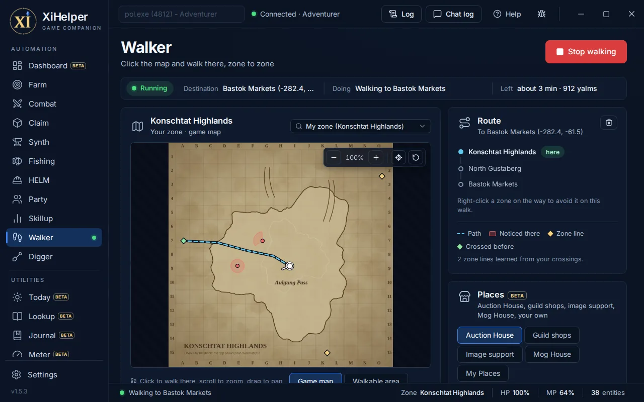 The Walker tab in XiHelper